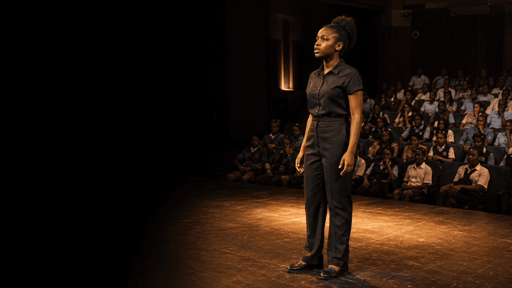 A student performing a monologue on stage in front of a seated school audience